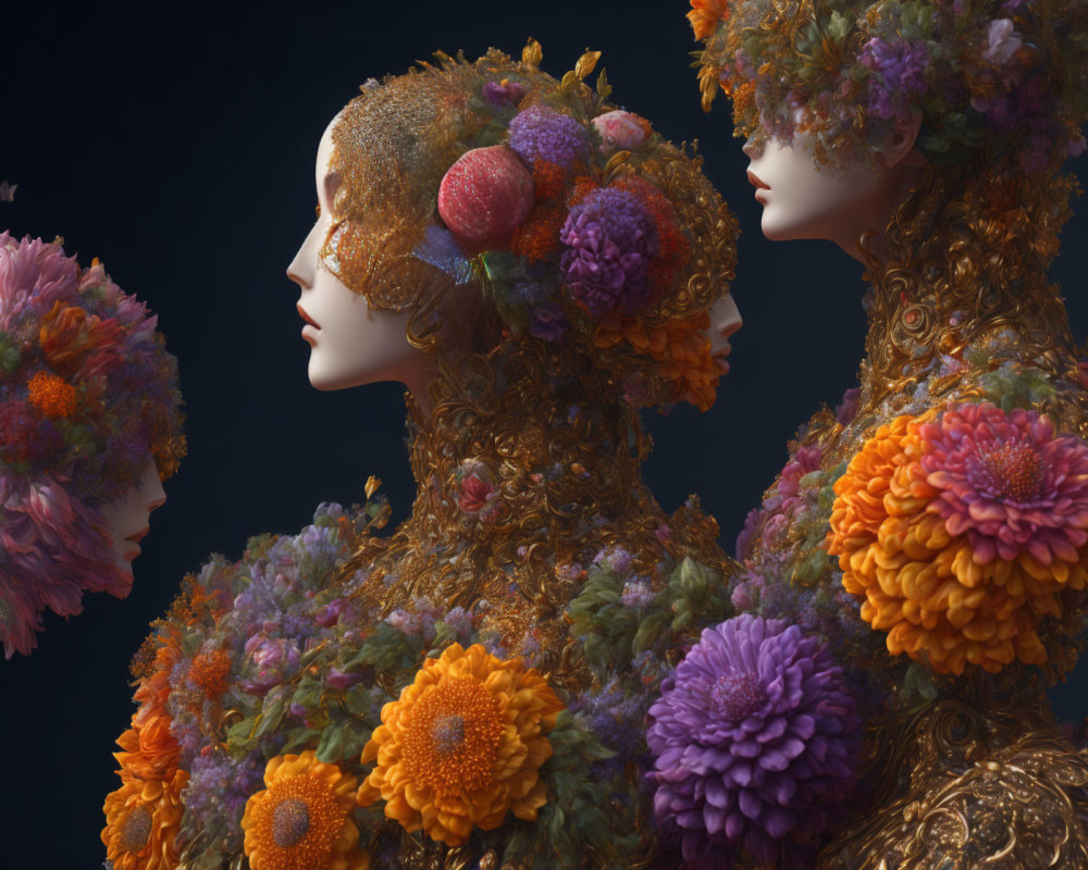 Three figures with floral headpieces in autumn colors on dark background