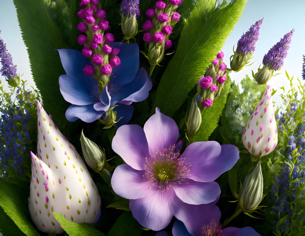 Colorful Large Purple and Blue Flower Bouquet with Spotted Buds and Green Leaves on Clear Sky