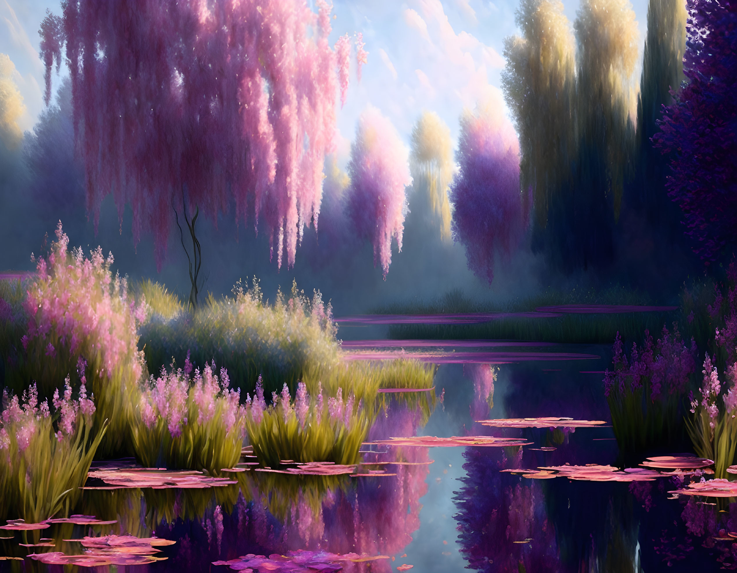 Pink and Purple Wisteria Trees in Tranquil Landscape