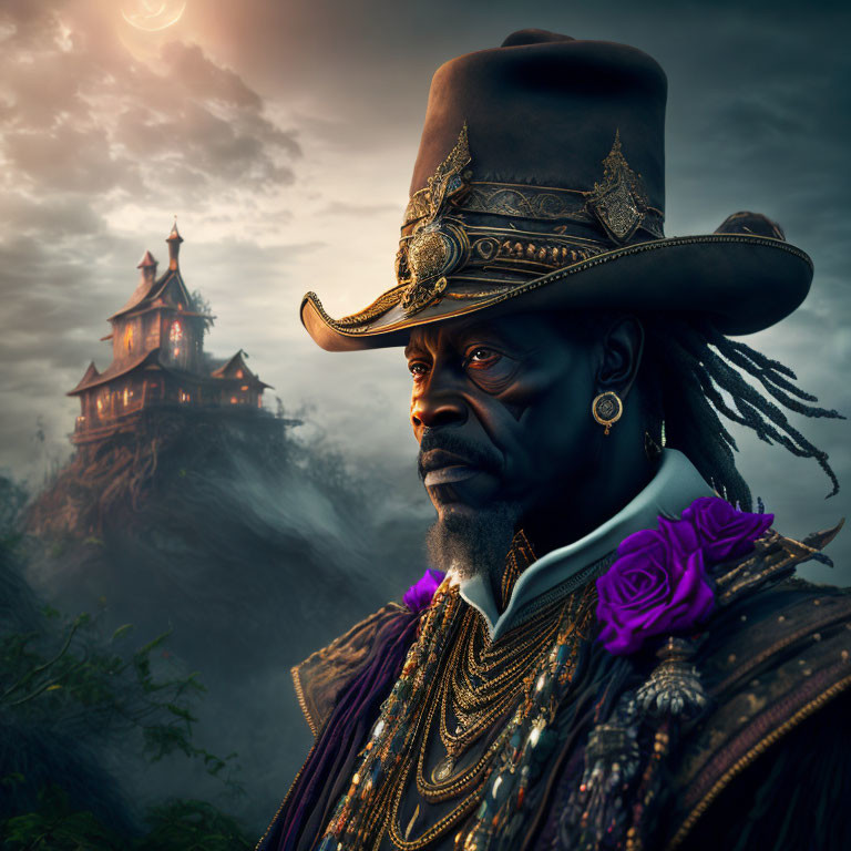 Regal man in ornate cowboy hat with castle in misty background