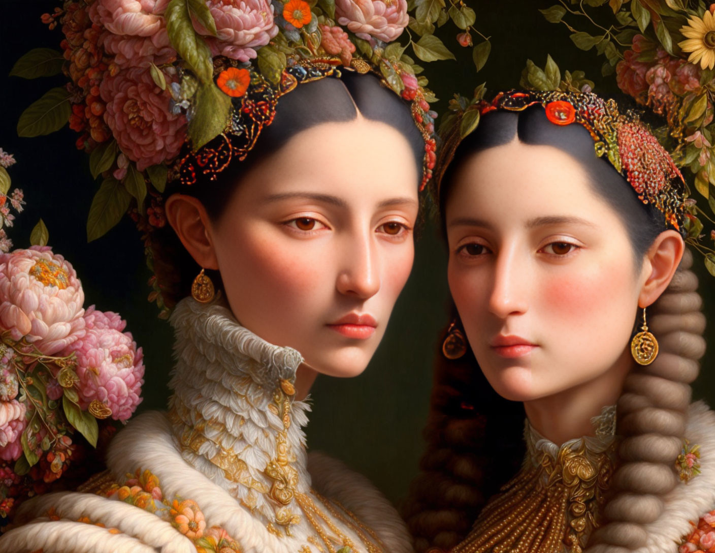 Two Women in Ornate Floral Headdresses and Traditional Clothing