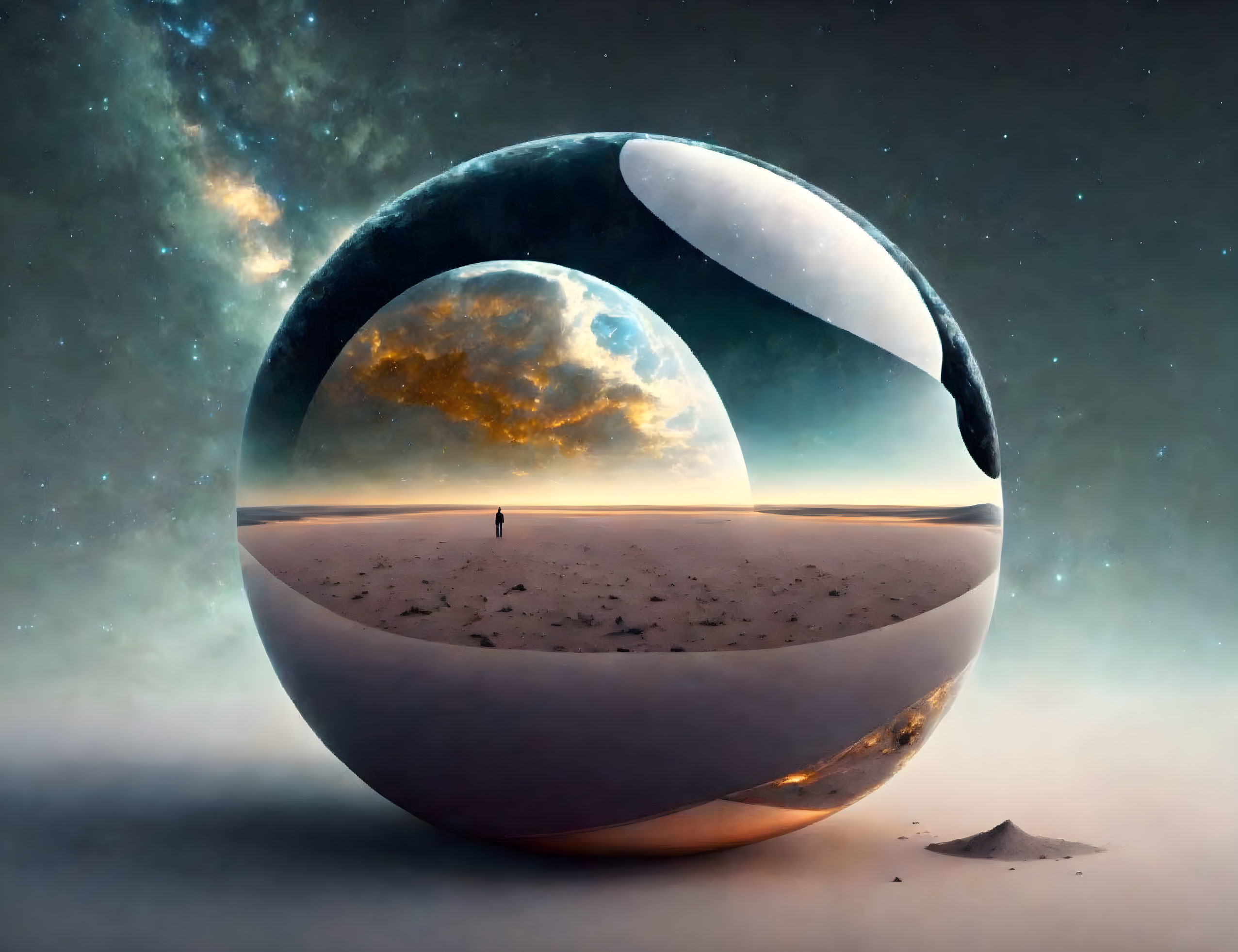 Surreal landscape with person and reflective sphere in starry sky and sunset contrast
