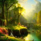 Fantasy landscape with lush greenery, waterfalls, river, ornate bridge, and ethereal