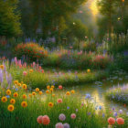 Tranquil sunrise garden with vibrant flowers, calm pond, light rays, and fluttering butterflies