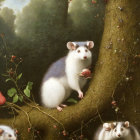 Four white mice with black eyes on tree branches amidst greenery and pink fruits.