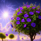 Fantasy landscape with vibrant tree and purple flowers under bright sun
