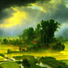 Thunderstorm landscape painting with serene village and rice paddies under dramatic sky