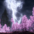 Vivid lightning bolt in mystical forest under stormy sky