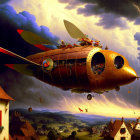 Steampunk airship above idyllic village in stormy skies