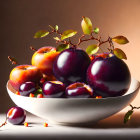 Ripe plums and apples in white bowl with soft lighting