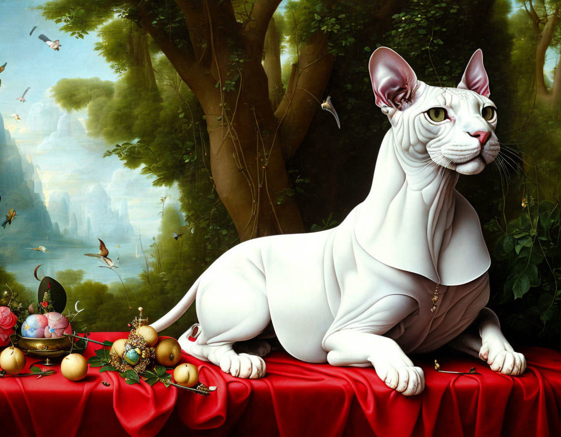 Surreal image: Hairless sphynx cat with human-like features beside fruit on red table