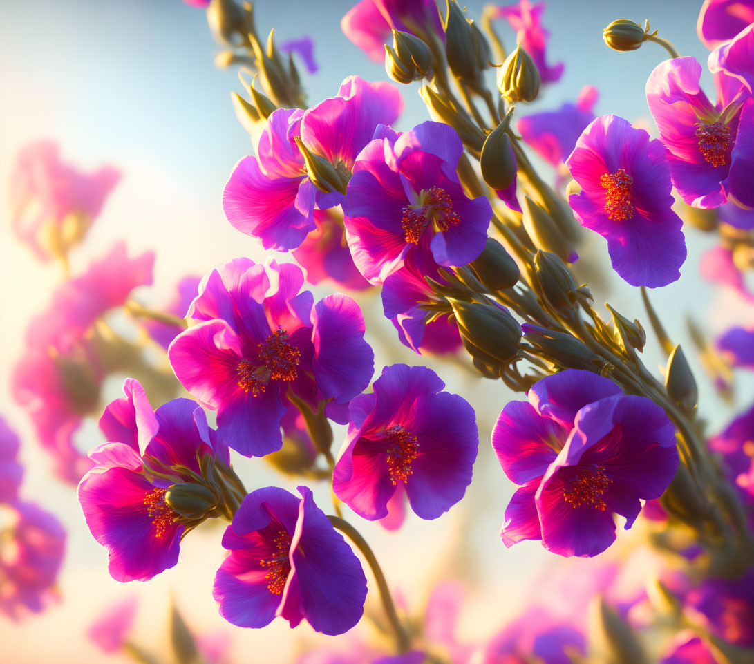 Vibrant Purple Flowers with Golden Centers in Sunlight