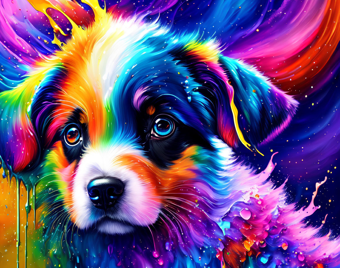 Colorful Bernese Mountain Dog painting with psychedelic colors