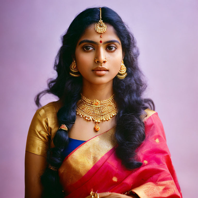 Traditional Indian attire woman with gold jewelry and red bindi on purple backdrop