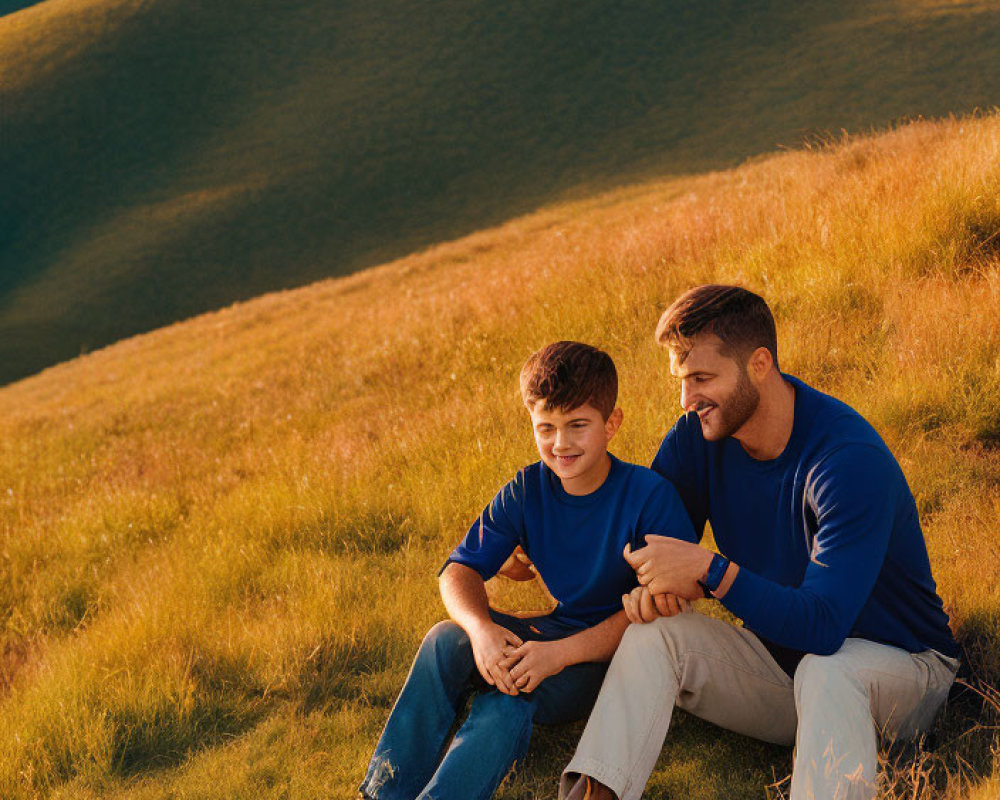 Man and boy in blue tops on grassy slope at golden hour with rolling hills.