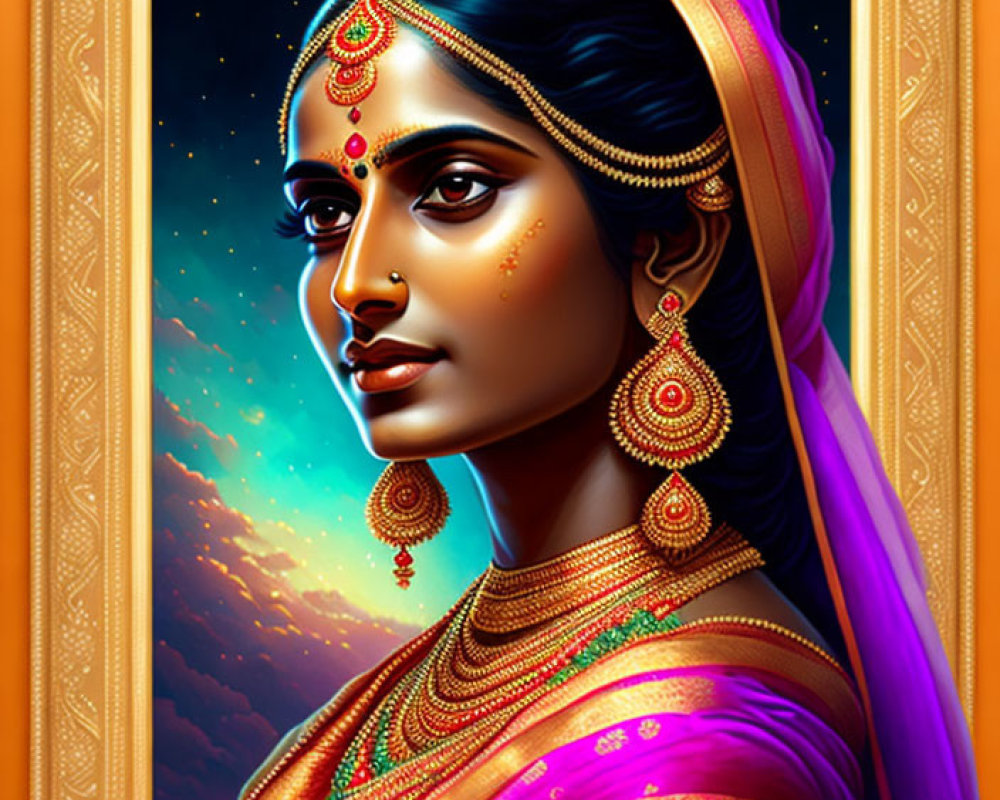 Traditional Indian Attire Woman Portrait with Sunset Sky and Ornate Border