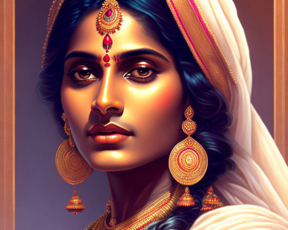 Traditional Indian Attire and Jewelry Illustration in Regal Setting