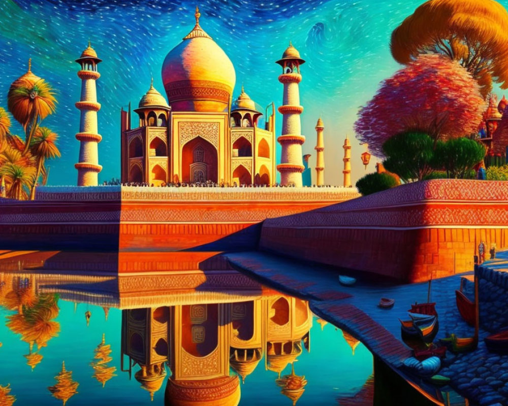 Colorful Taj Mahal Artwork with Water Reflection in Vivid Blues and Oranges