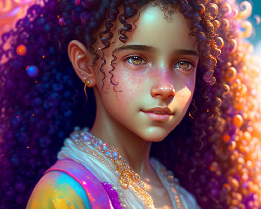 Colorful digital portrait of young girl with curly hair and floral adornments
