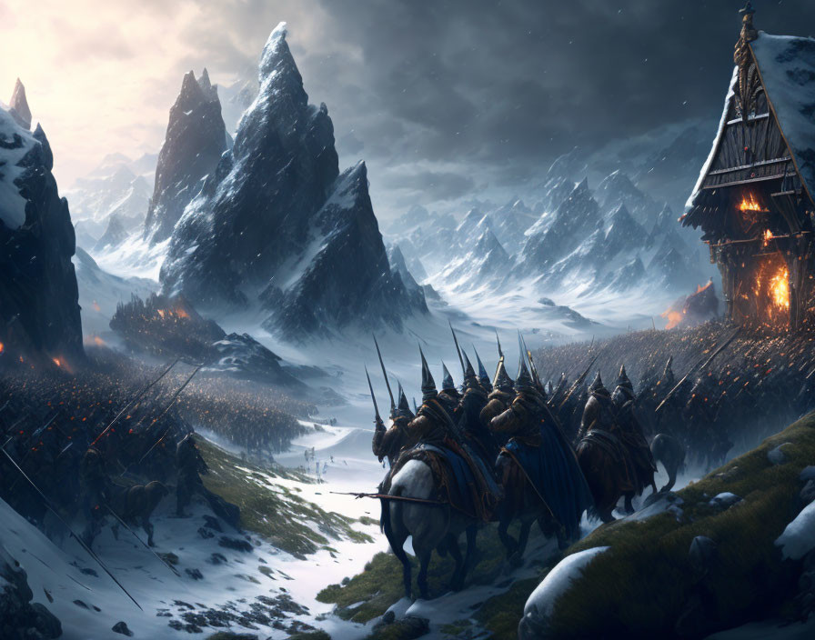Medieval fantasy army on horseback near snow-covered mountain with fortress