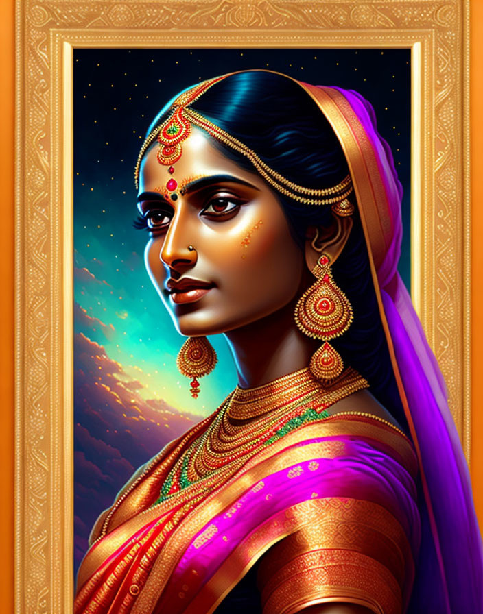 Traditional Indian Attire Woman Portrait with Sunset Sky and Ornate Border