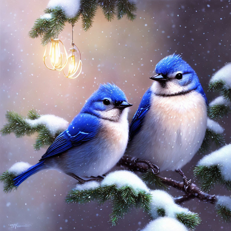 Blue Birds on Snowy Branch with Pine Needles and Decorative Bulb in Snowfall