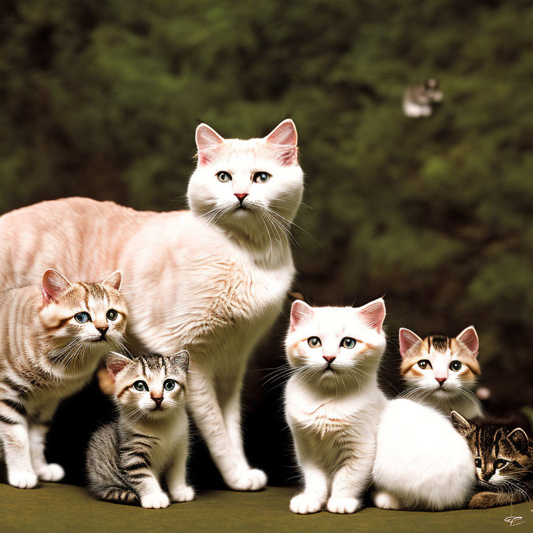 Six cats of different patterns on ledge with green foliage background