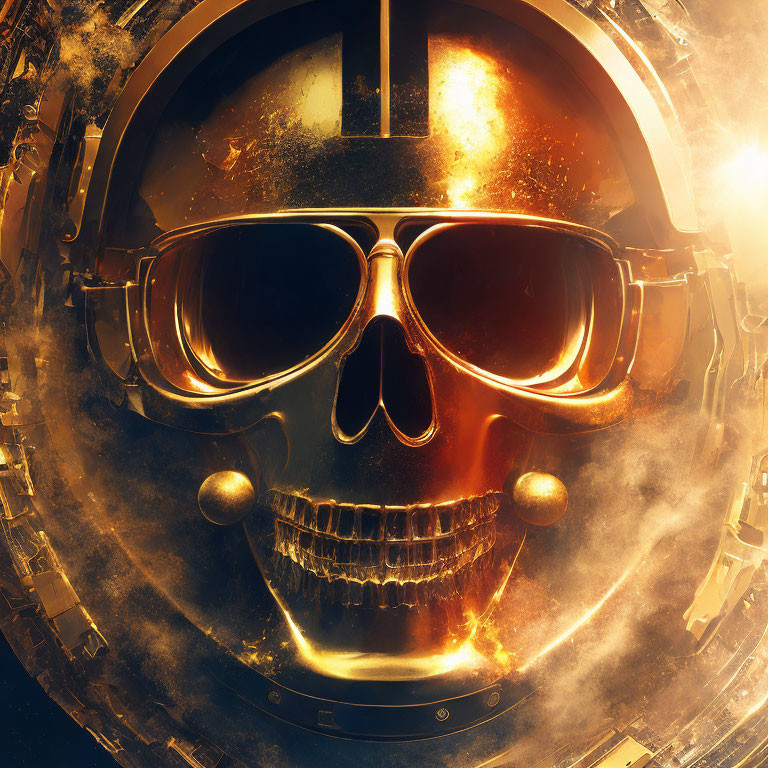 Golden skull with sunglasses in sci-fi doorway with cosmic fog