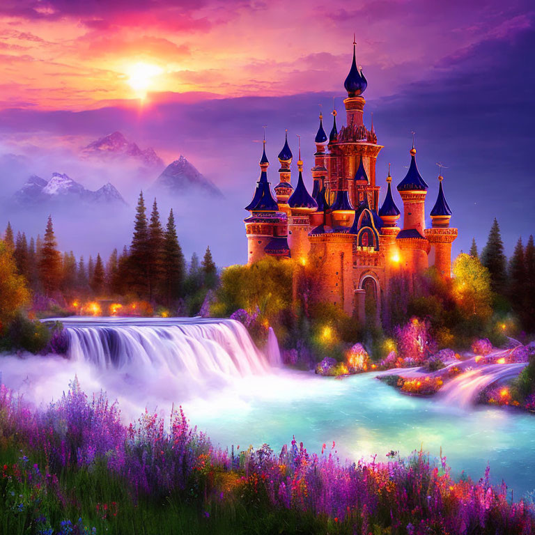 Majestic fairytale castle with blue spires in scenic landscape