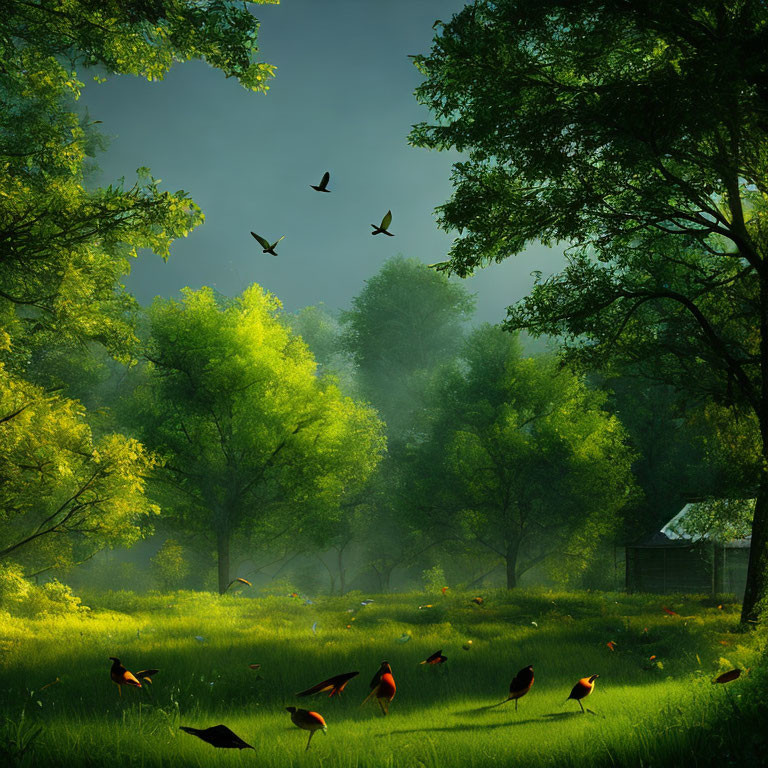Tranquil forest dawn with sunlight, shed, birds, green foliage