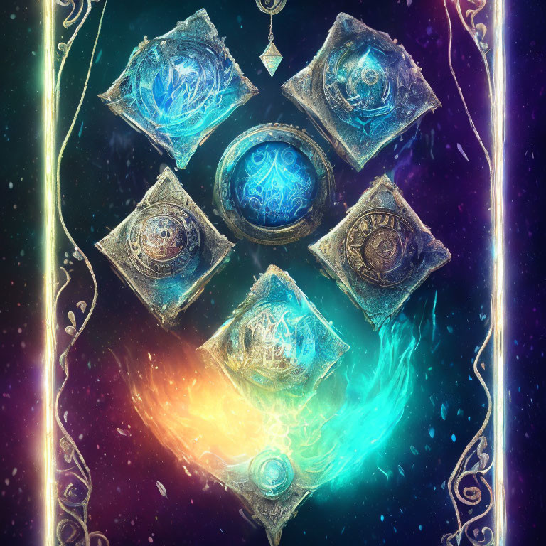 Mystical elemental symbols in ornate frames on cosmic background