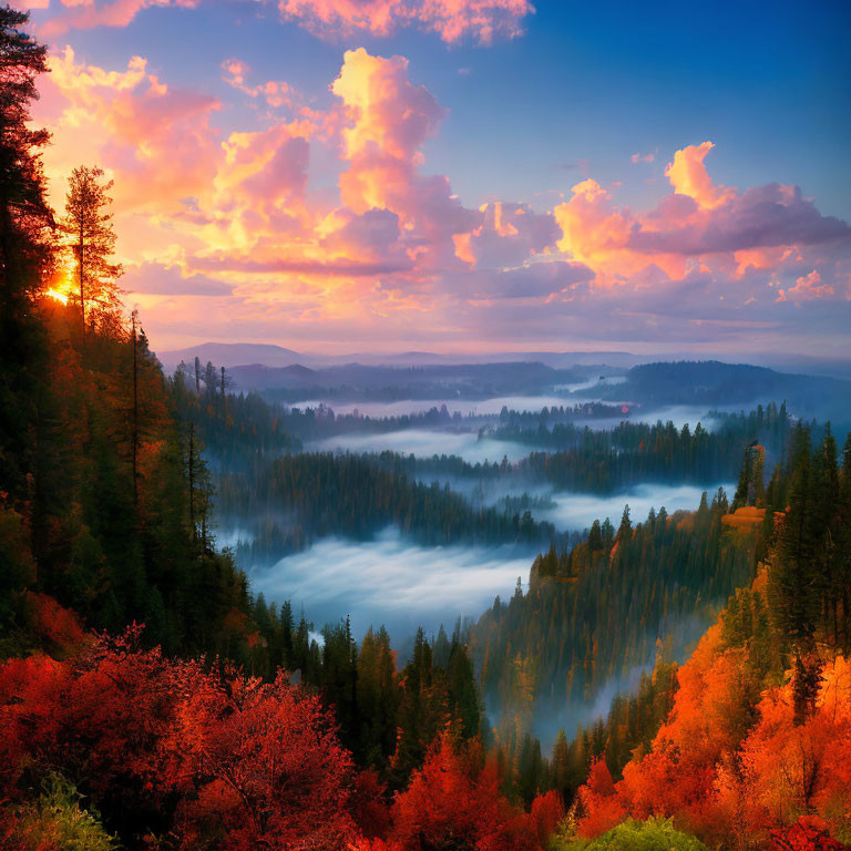 Scenic sunrise over misty autumn forest with dramatic sky