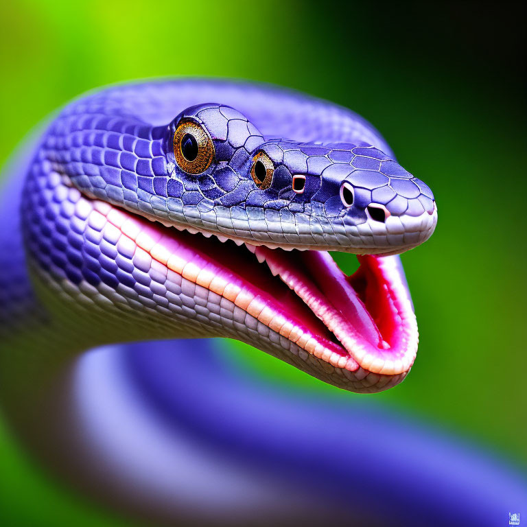 Detailed Close-Up of Blue Snake with Open Mouth and Sharp Teeth on Green Background