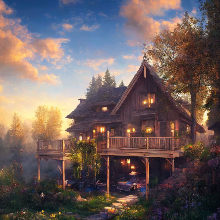 Wooden house on stilts in tranquil forest at sunset with car and flowers.