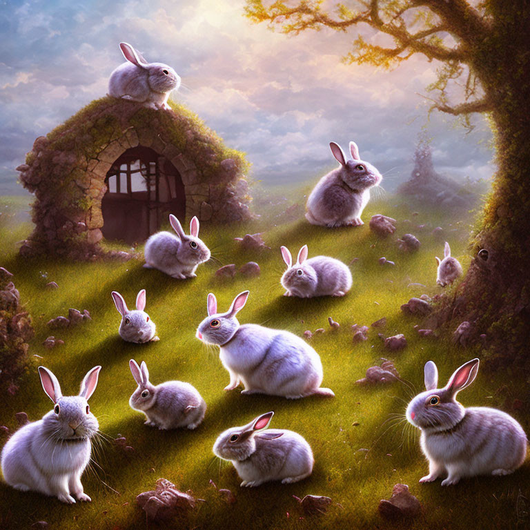 Mystical sunlit meadow with fluffy white rabbits and stone cottage