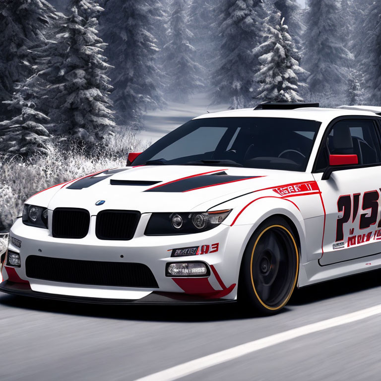 White BMW with Red and Black Racing Stripes in Snowy Forest Scene