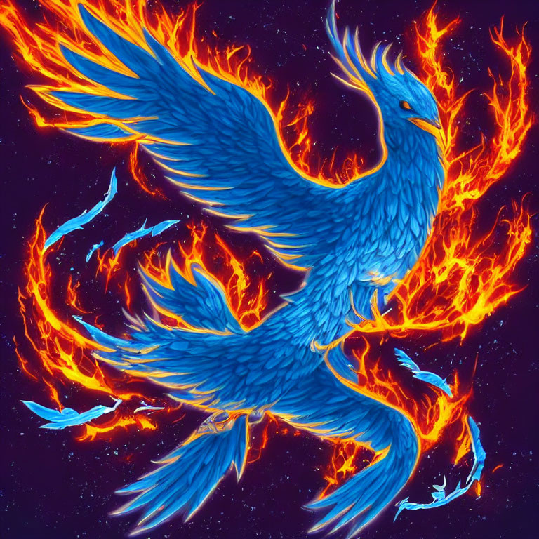 Colorful Blue Phoenix Surrounded by Orange Flames in Night Sky