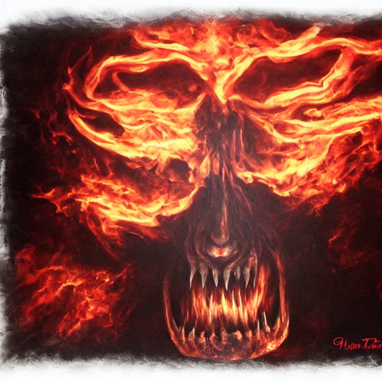 Vibrant orange and red skull with fiery flames - intense artistic depiction