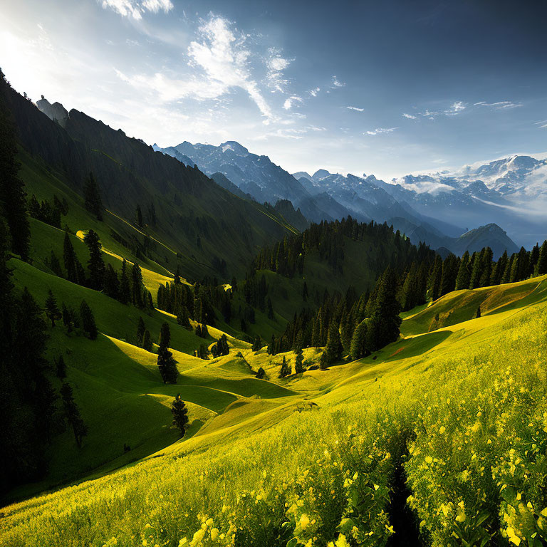 Scenic landscape with green hills, dramatic sky, mountains, and wildflowers