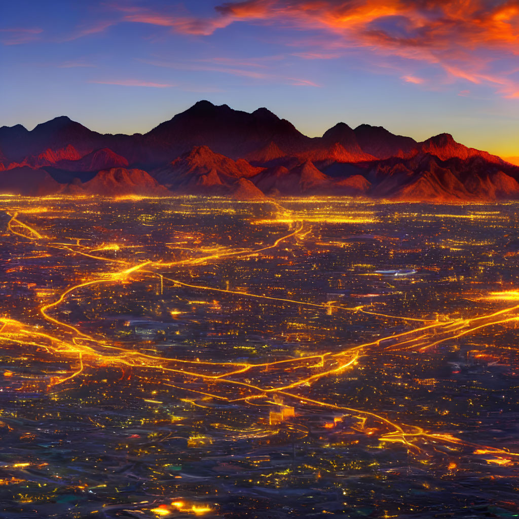 Vibrant city nightscape with glowing streets and mountain backdrop