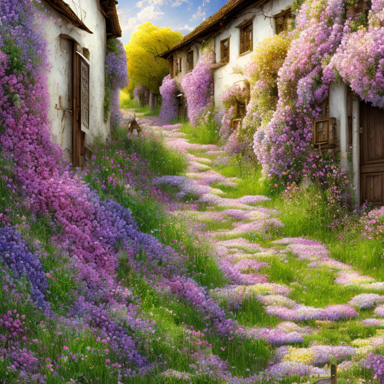 Tranquil Path with Colorful Flowers and Cottages
