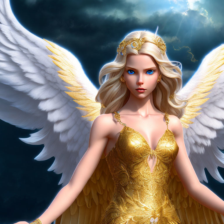 Illustration of angelic figure with blue eyes, golden hair, white wings, in ornate gold