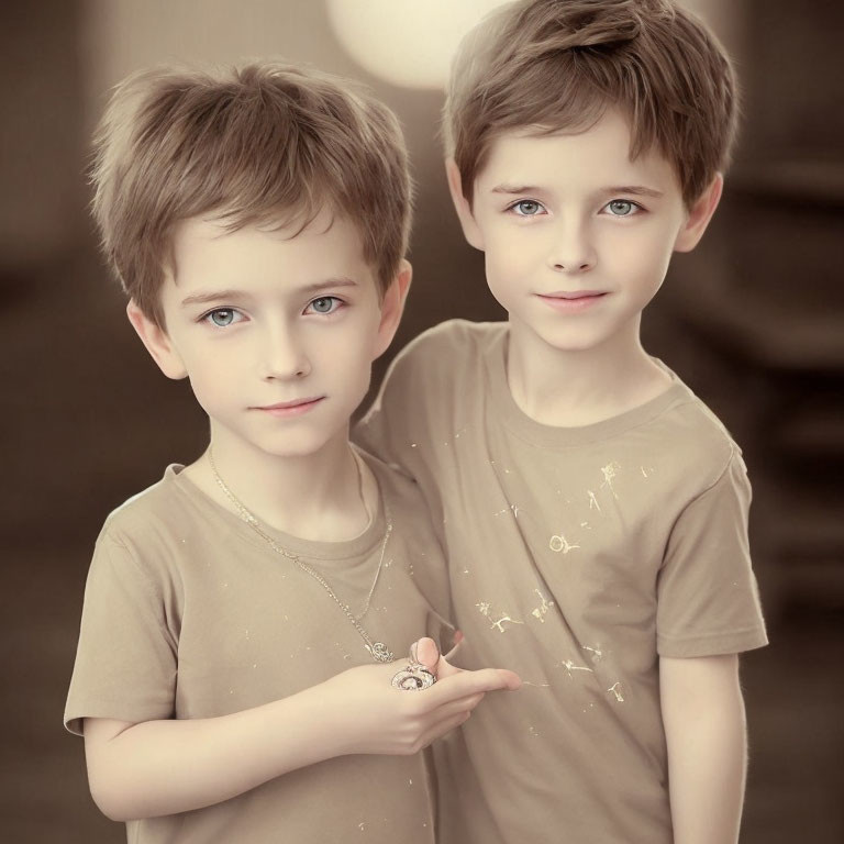 Two young boys with light brown hair and blue eyes in matching beige T-shirts standing together.