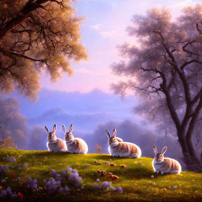 Four rabbits on grassy hill at dawn or dusk with wildflowers, softly lit trees, and past