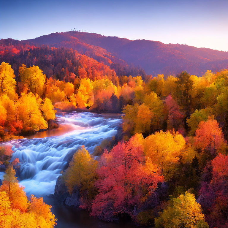 Colorful autumn landscape with trees, cascade, and hill under blue sky