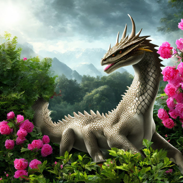 Golden-horned dragon surrounded by pink roses in mountain landscape