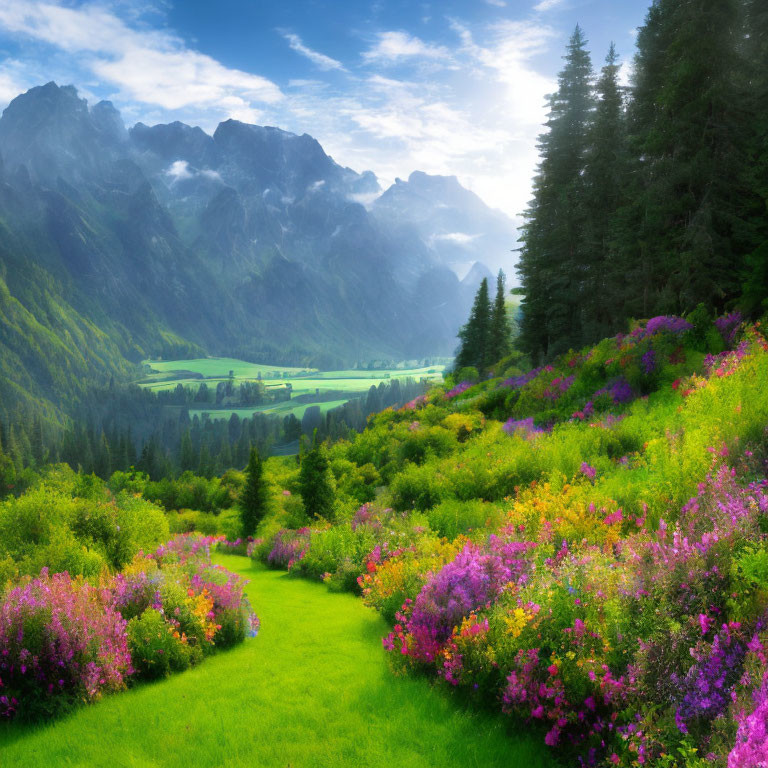 Colorful wildflowers on hillside path with valley and mountains view