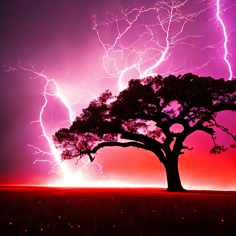 Vibrant night sky with lone tree and colorful lightning branches