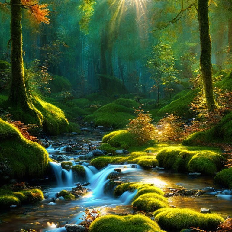 Verdant forest with sunlight filtering over small stream