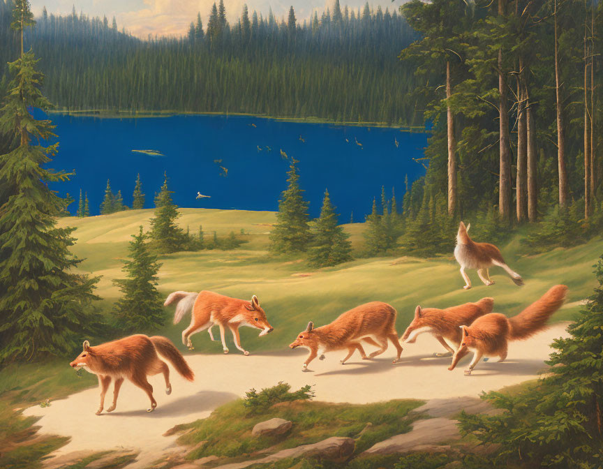 Tranquil landscape with red foxes, pine trees, and blue lake